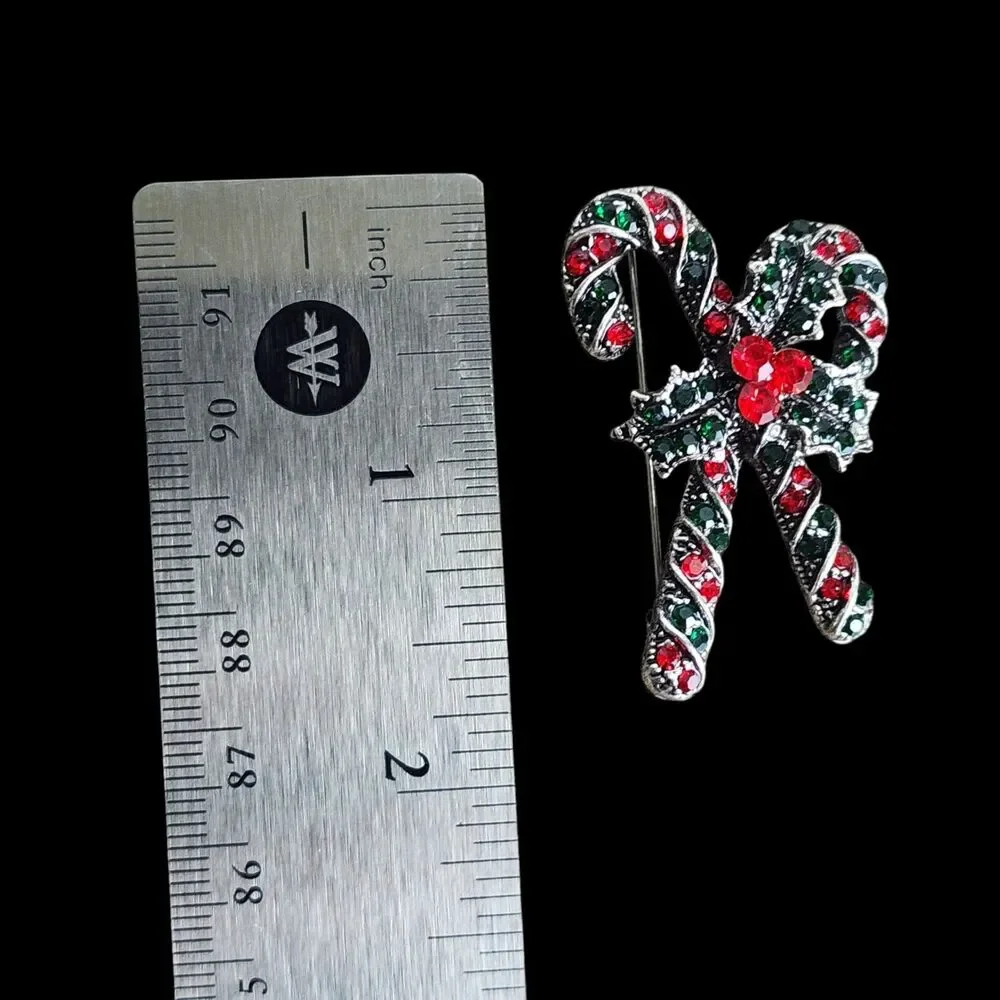 Vtg Style Christmas Candy Cane Brooch Pin Red & Green Rhinestone Holiday Jewelry